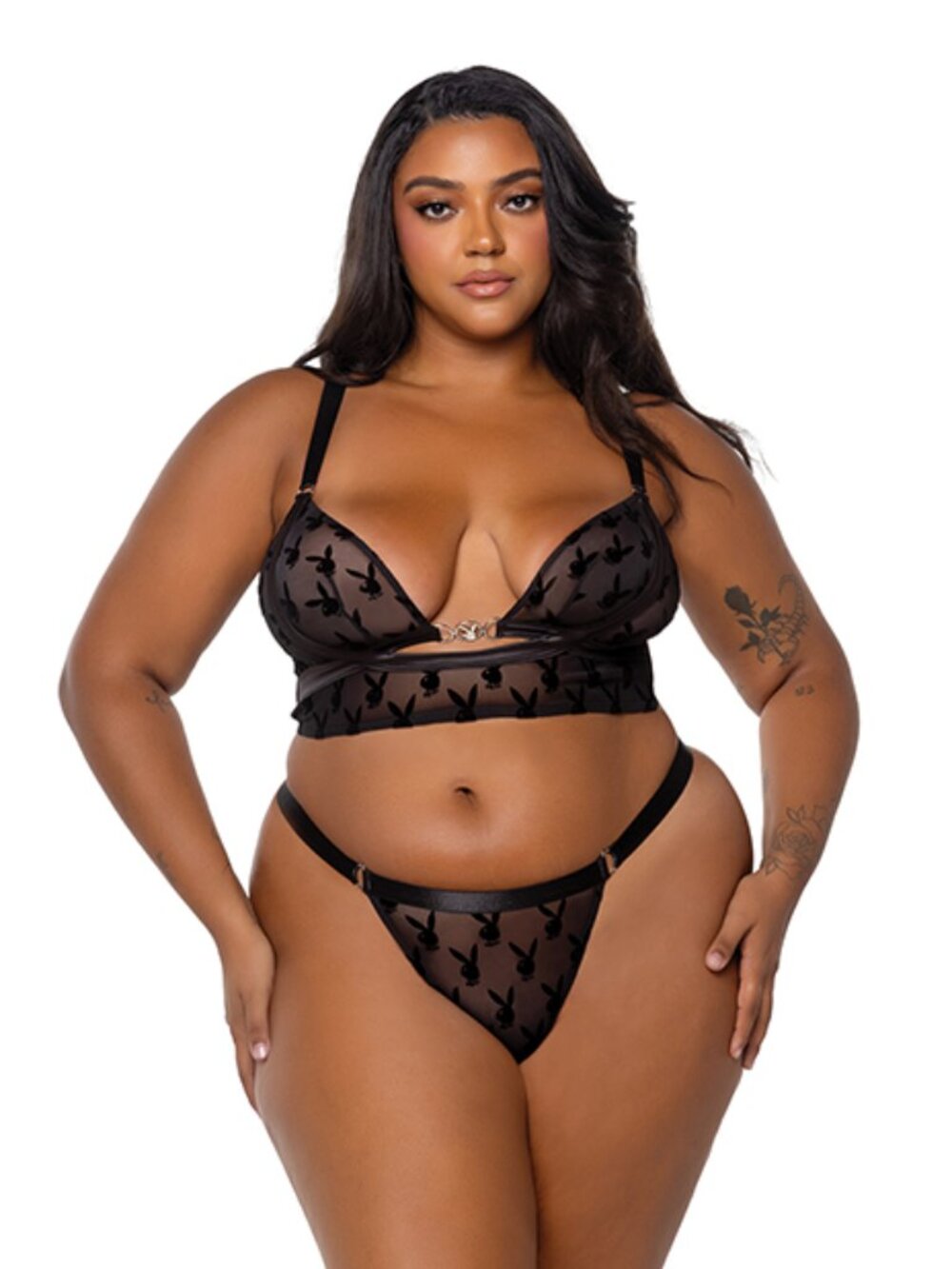 Playboy Bunny Charm Mesh Bralette w/Thong 2 pc Set - Black 1X